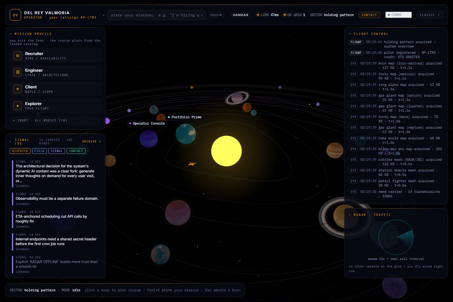 Actual 3D portfolio flight console with project navigation